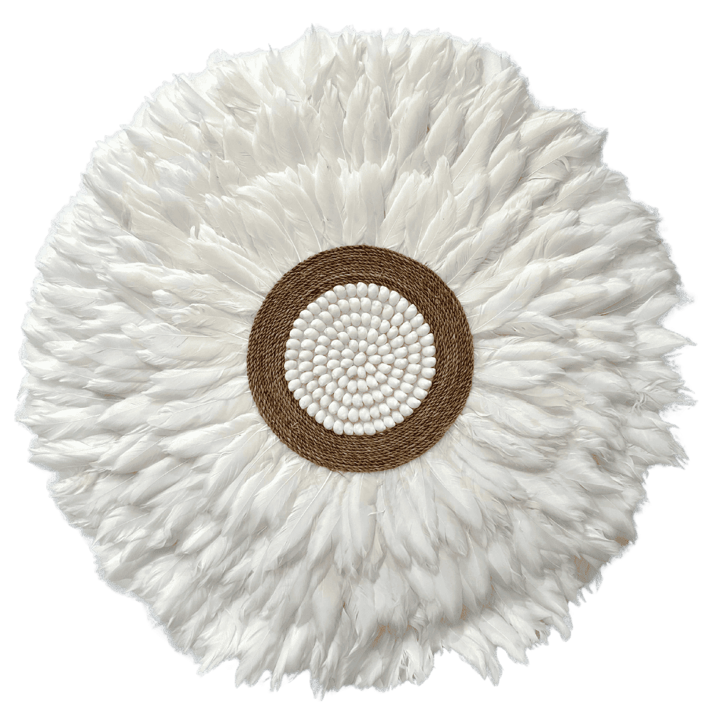 Feather - Jujuhat Plumes blanches, Paille et Coquillages blancs 60cm