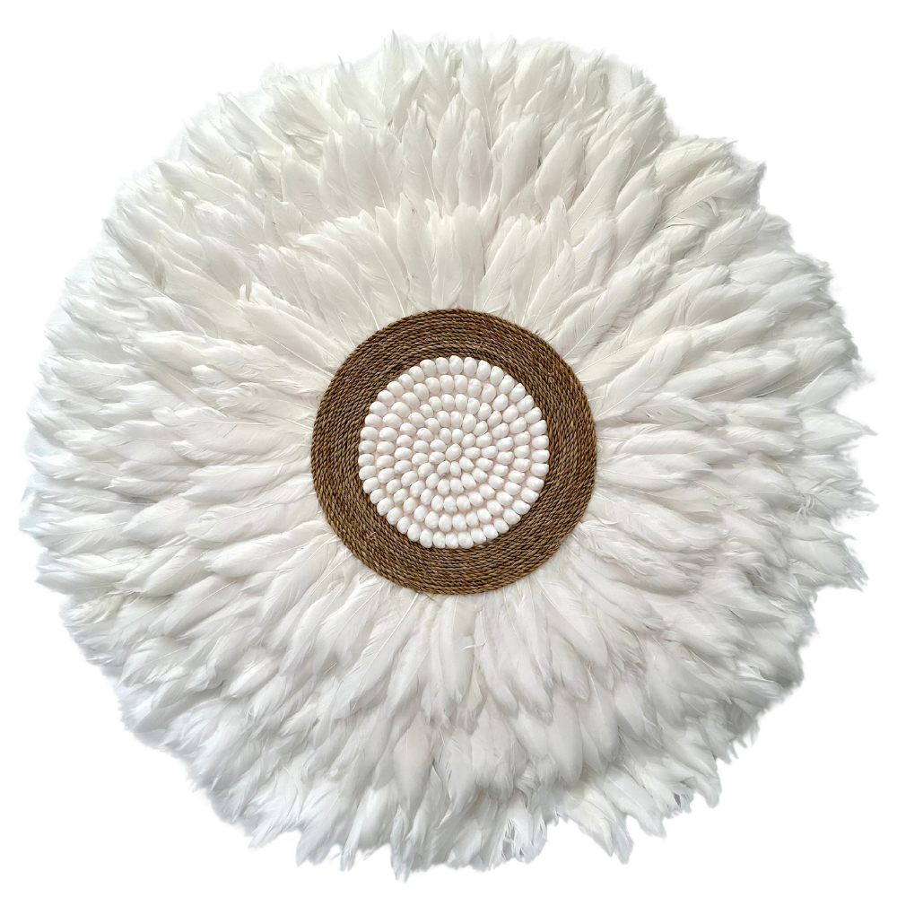 Feather - Jujuhat Plumes blanches, Paille et Coquillages blancs 60cm